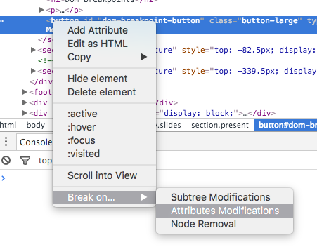 DOM breakpoint screenshot